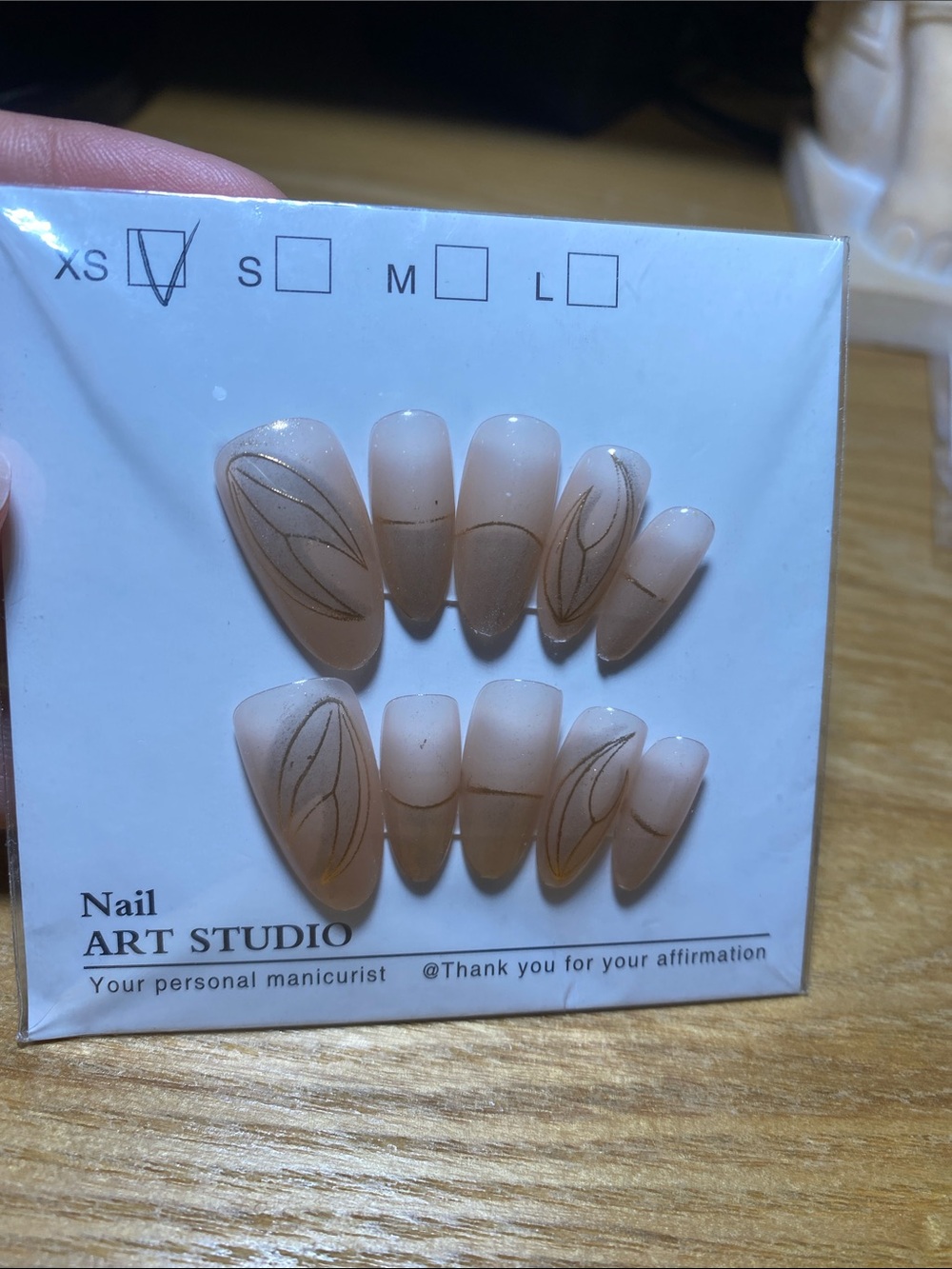Nude Press-On Nails with Gold Leaf Line Art